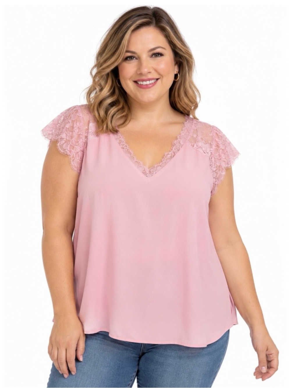 NWT TORRID | Pink Lace Trim V-Neck Georgette Short Sleeve Top Sz. 2 or a 2X